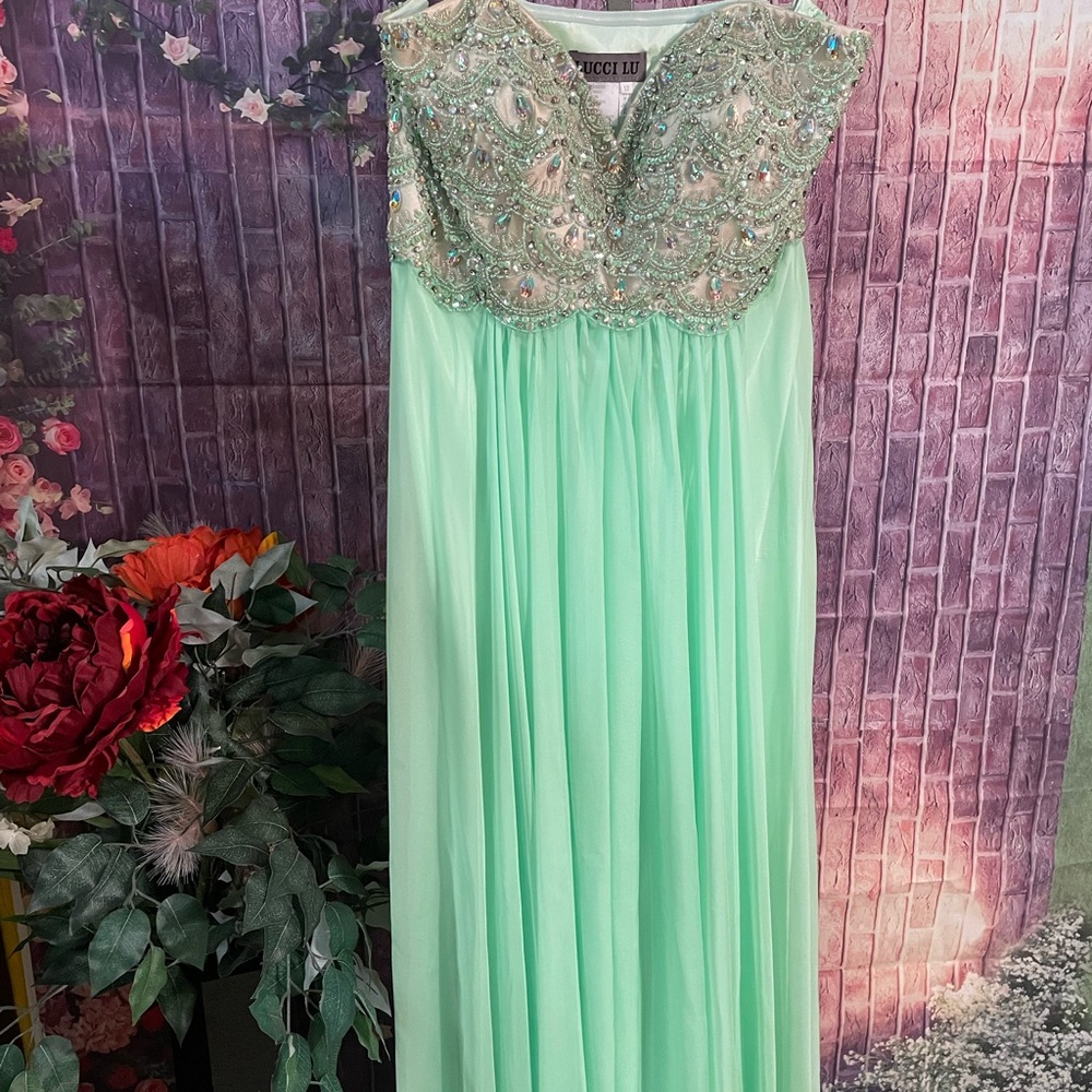 Luccilu strapless Mint Green Beaded Gown. Sz 12.